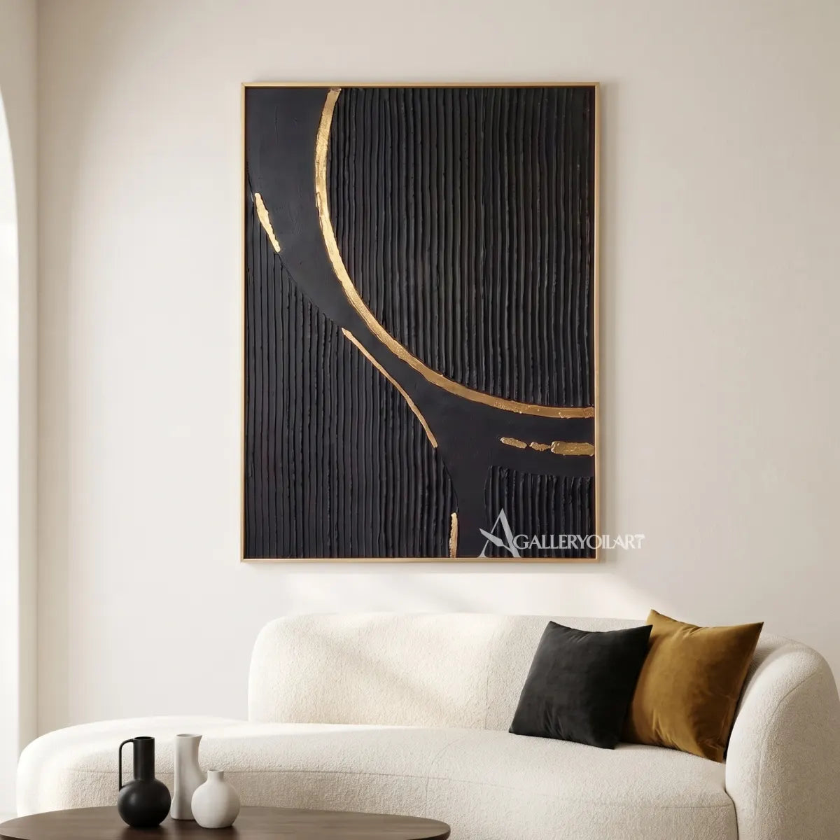 Textured 3D sweeping ribbon crossing a black relief field-in-minimalist-living-room