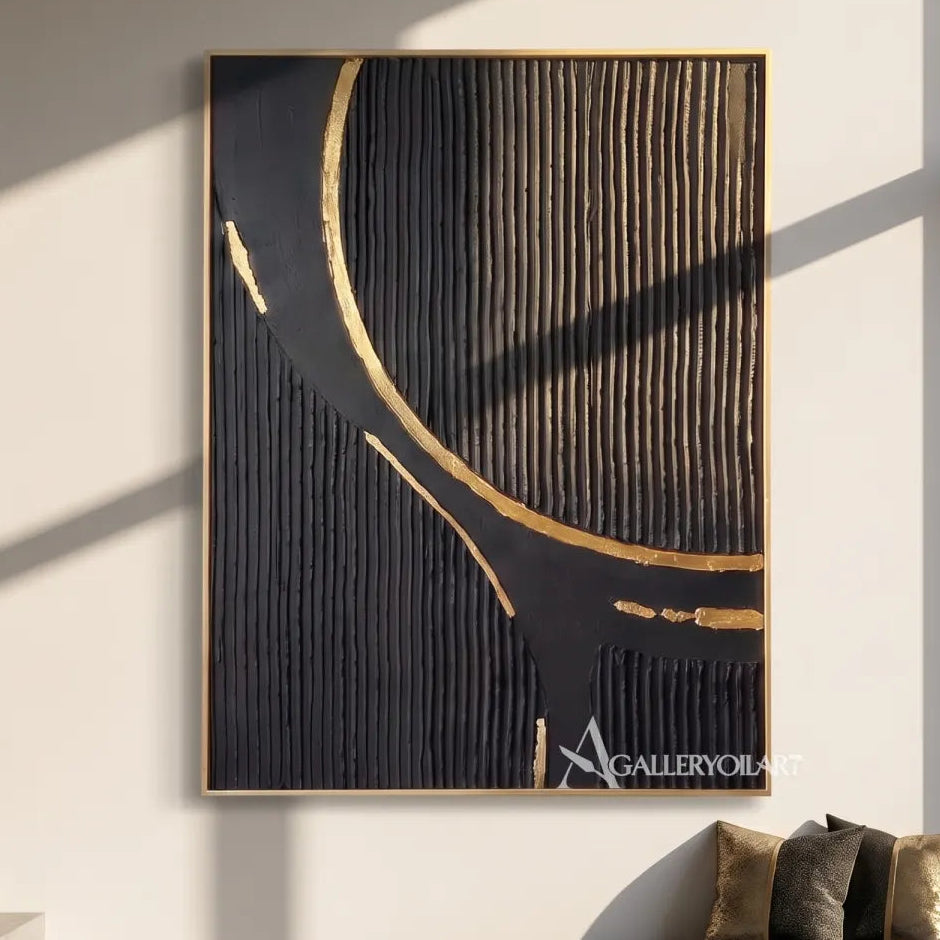 Textured 3D sweeping ribbon crossing a black relief field-in-modern-gallery
