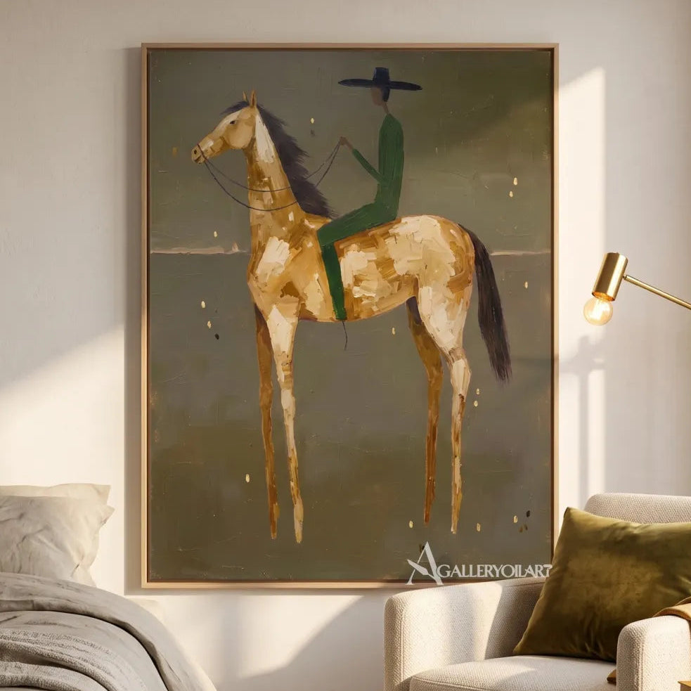rider on a horse across stillness-western-cowboy-art-green-wall-art-in-bedroom-reading-nook