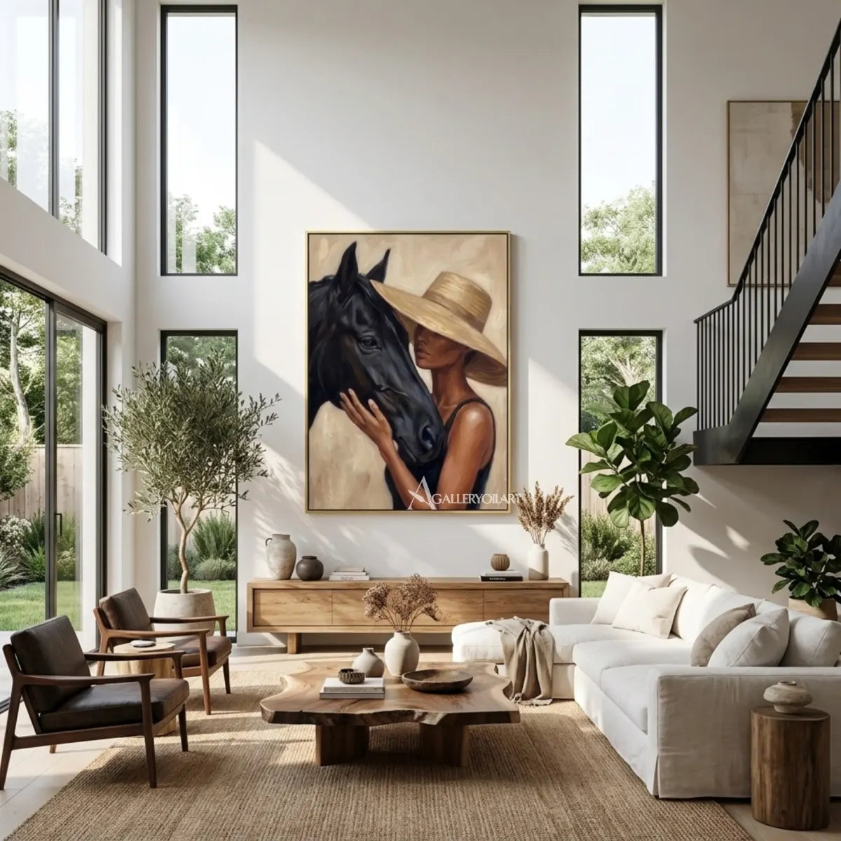 Woman-in-a-tan-hat-leaning-close-to-a-black-horse-in-a-warm-neutral-painting-in-daylit-lounge