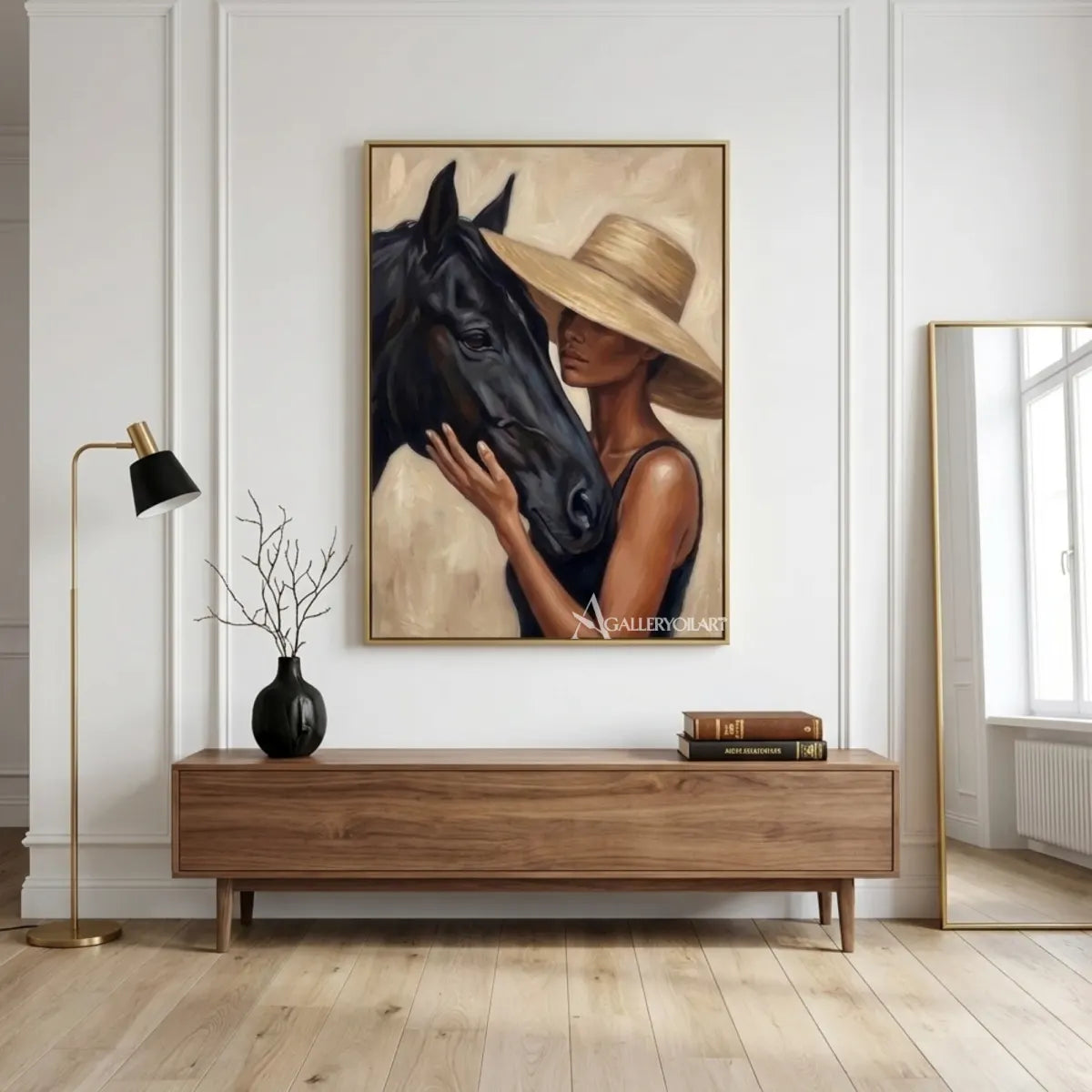 Woman-in-a-tan-hat-leaning-close-to-a-black-horse-in-a-warm-neutral-painting-in-modern-entryway