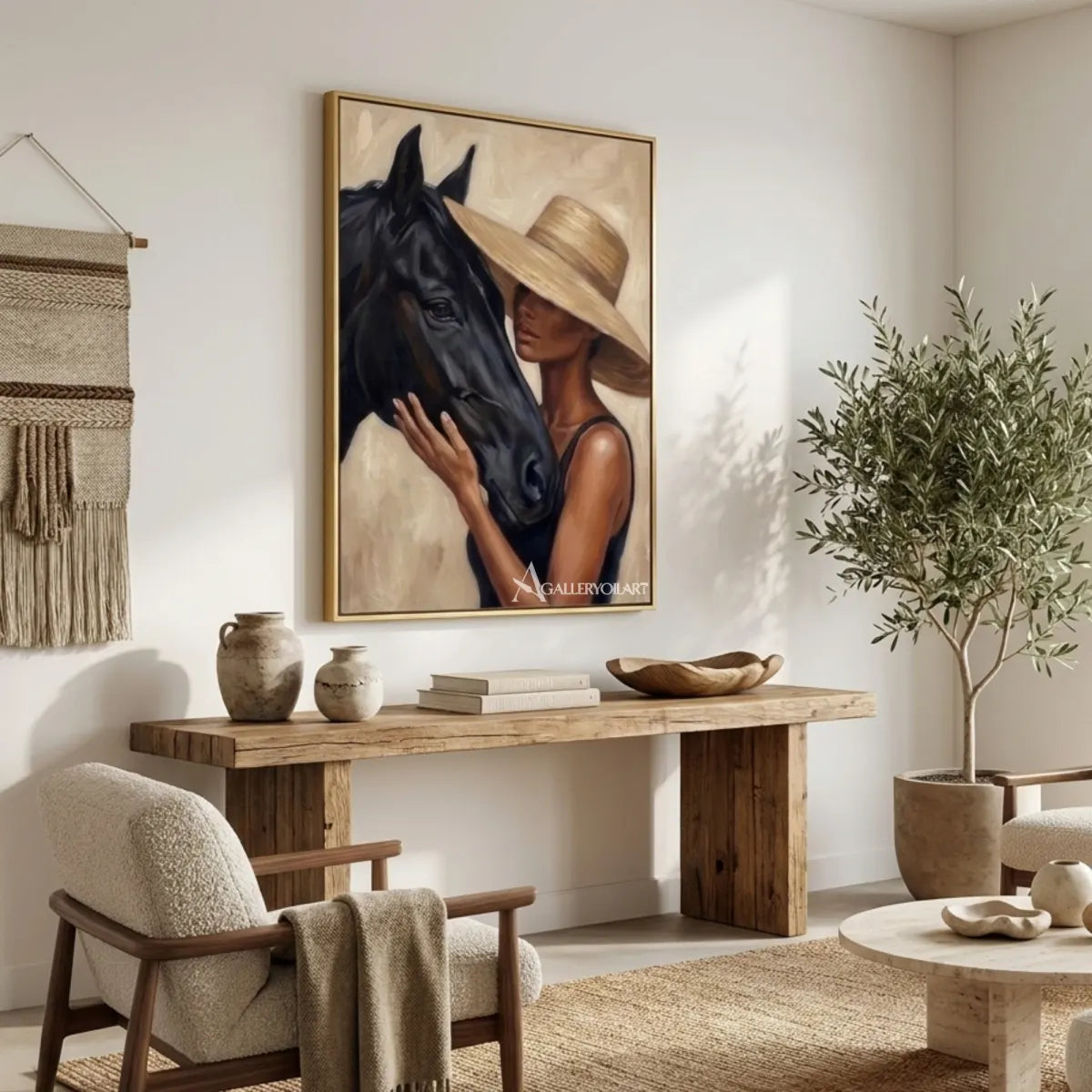 Woman-in-a-tan-hat-leaning-close-to-a-black-horse-in-a-warm-neutral-painting-in-warm-living-room