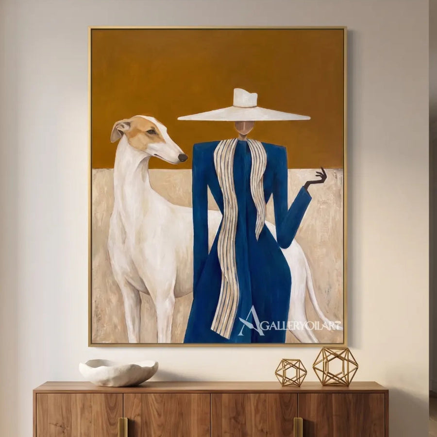 Blue-clad-rider-and-white-horse-against-a-golden-ground-in-entryway
