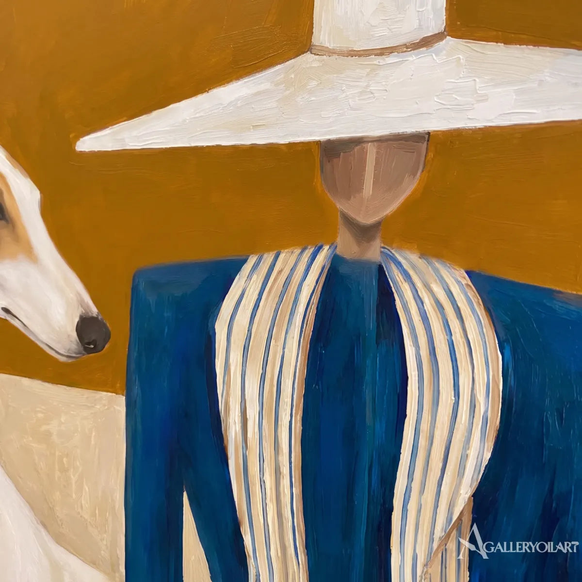 Blue-clad-rider-and-white-horse-against-a-golden-ground-in-painted-detail