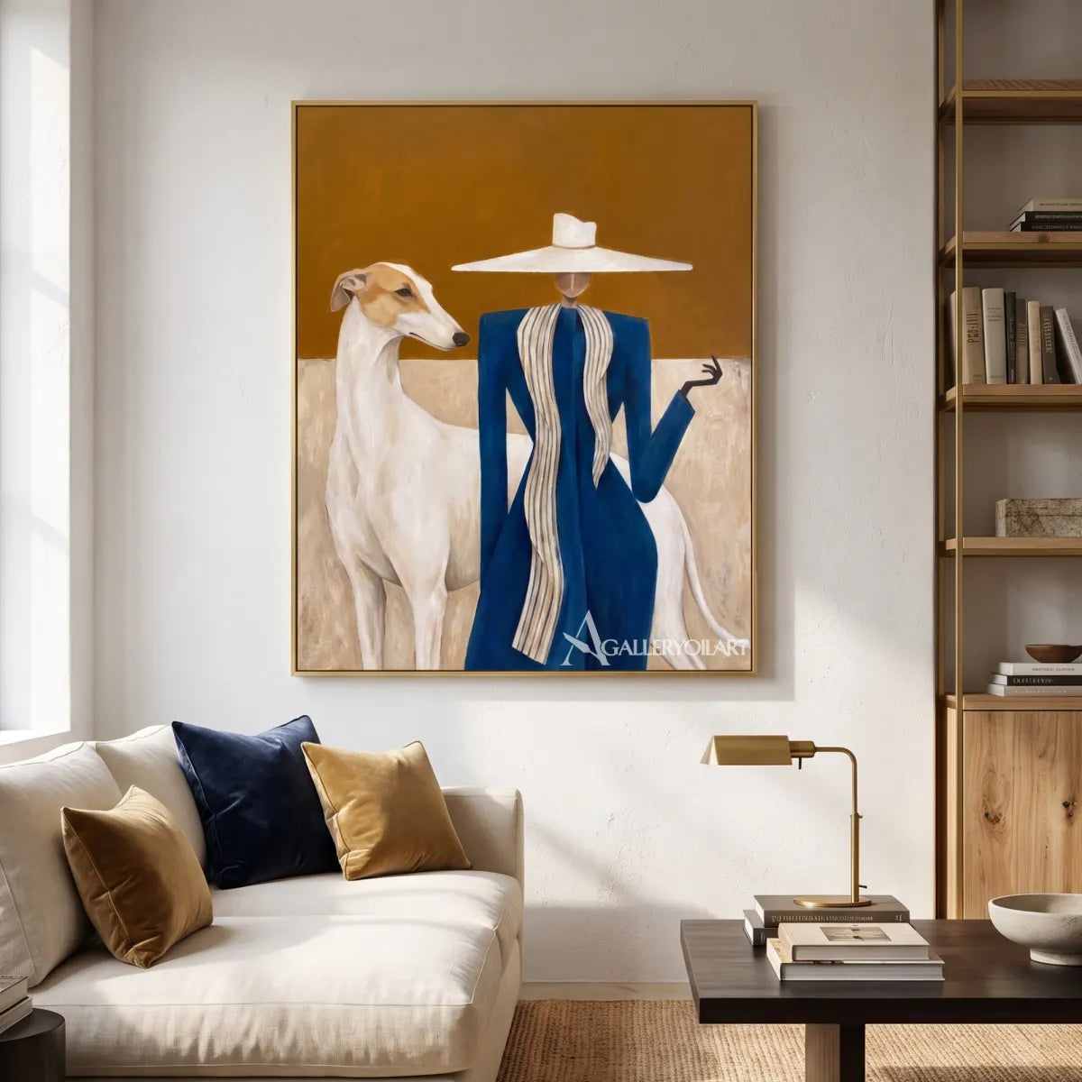Blue-clad-rider-and-white-horse-against-a-golden-ground-in-reading-room