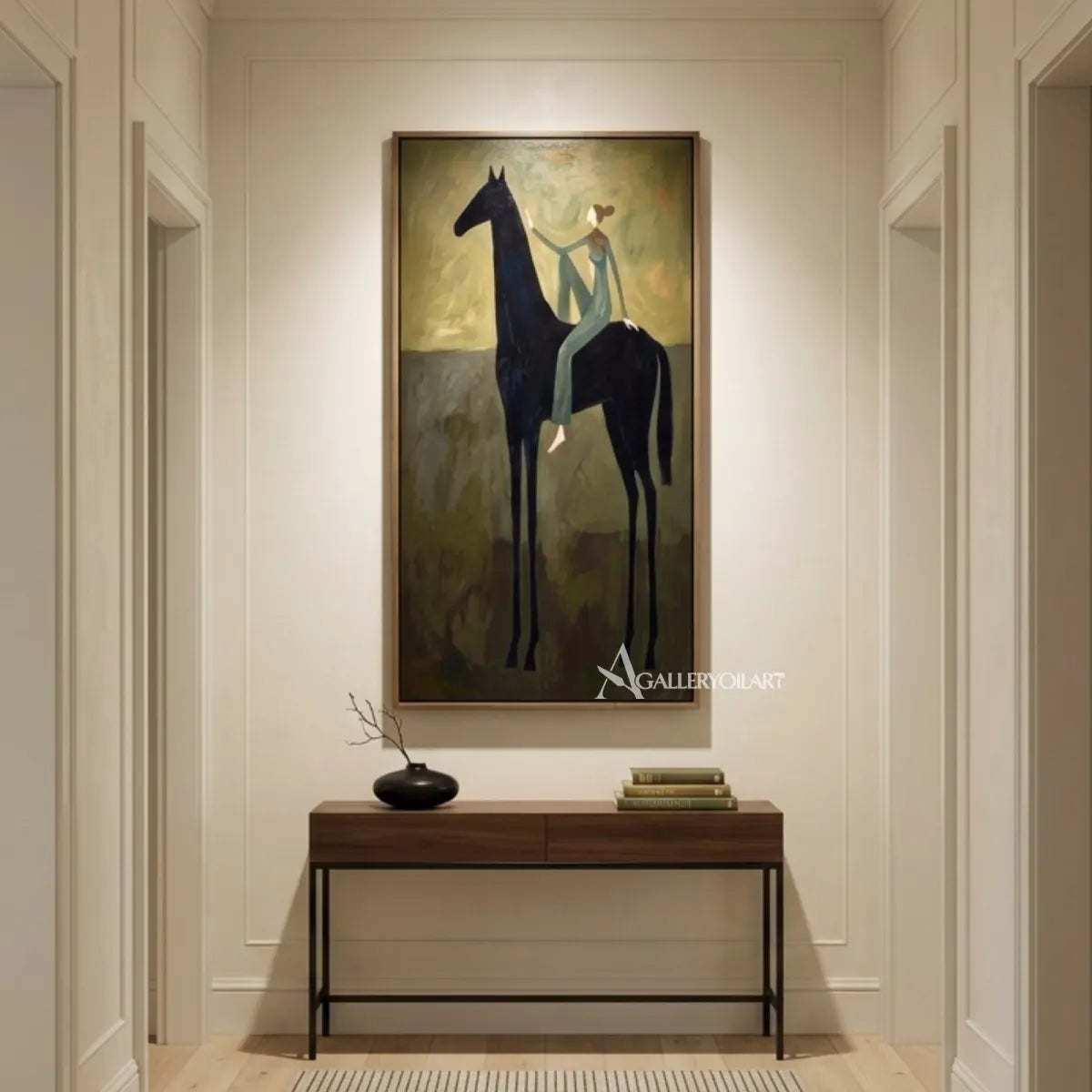 Western-cowboy-art-of-a-teal-clad-rider-on-a-black-horse-against-an-olive-ground-above-an-entry-console
