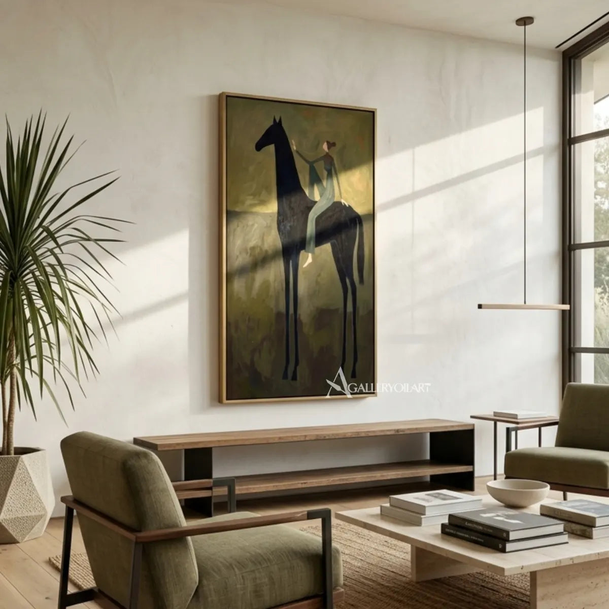 Western-cowboy-art-of-a-teal-clad-rider-on-a-black-horse-against-an-olive-ground-in-a-sunlit-living-room