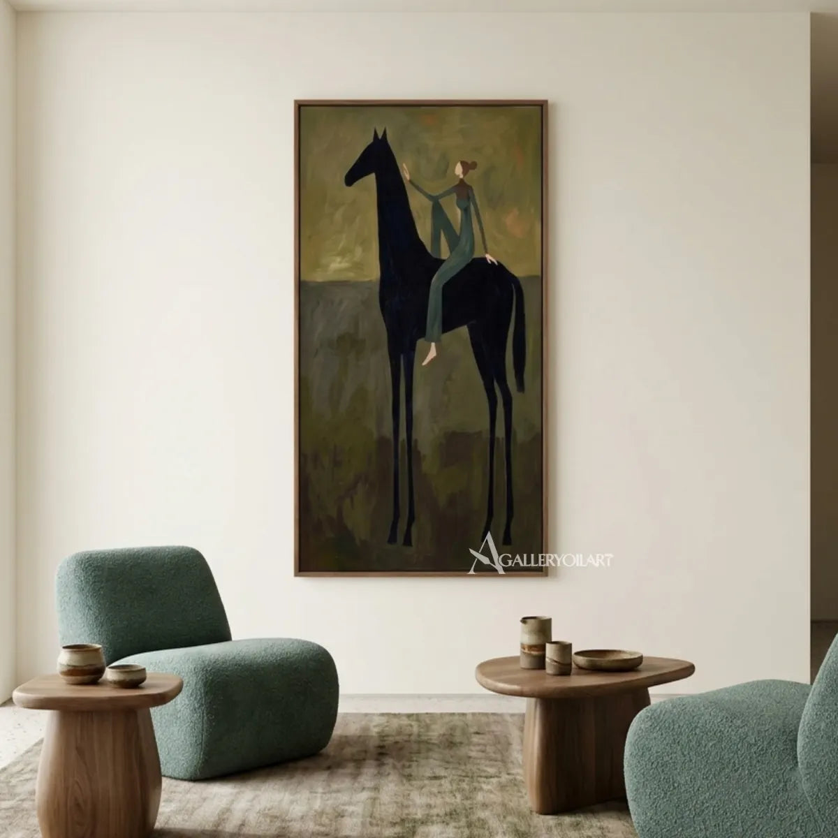 Western-cowboy-art-of-a-teal-clad-rider-on-a-black-horse-against-an-olive-ground-above-a-green-sofa