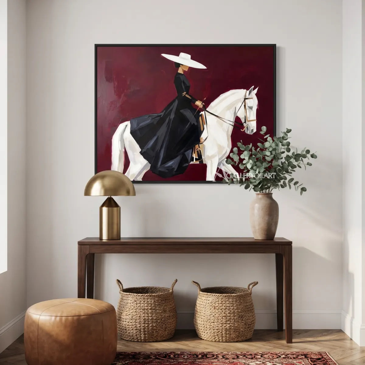 rider-in-a-dark-outfit-on-a-white-horse-in-red-portrait-art-displayed-in-a-entryway