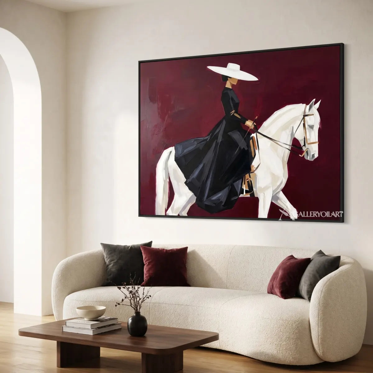 rider-in-a-dark-outfit-on-a-white-horse-in-red-portrait-art-displayed-in-a-lounge