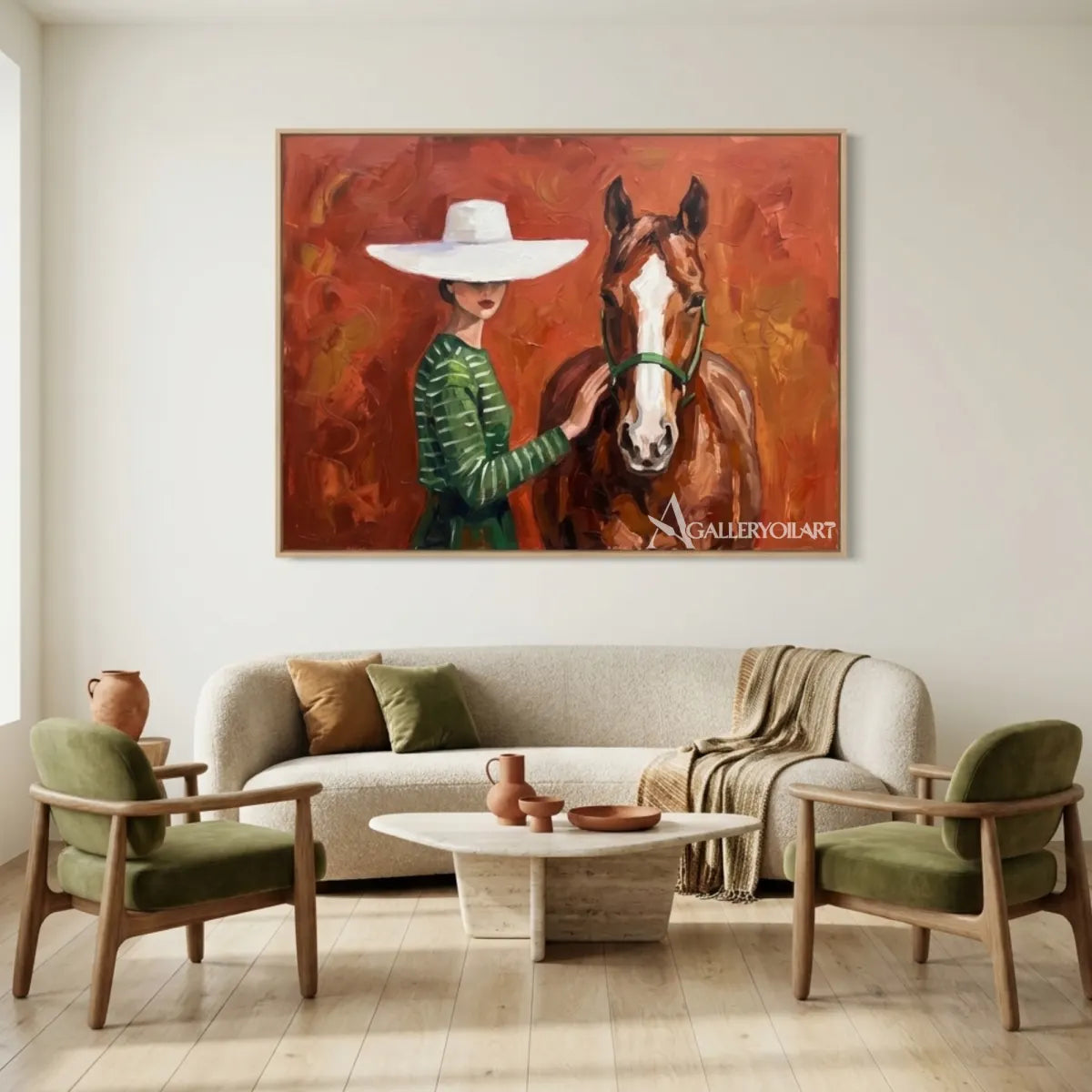 rider-in-a-pale-hat-on-a-chestnut-horse-in-green-portrait-art-displayed-in-a-gallery