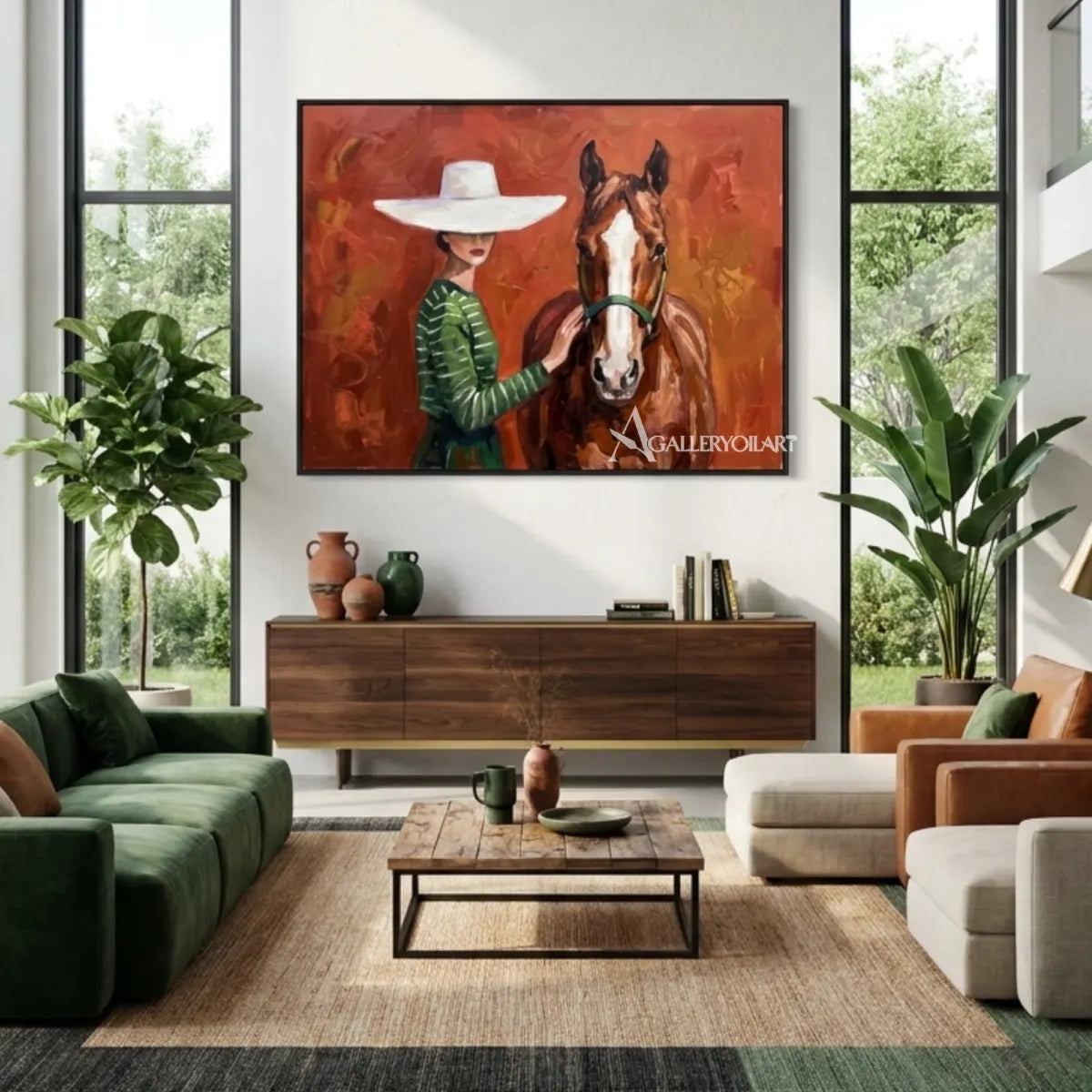 rider-in-a-pale-hat-on-a-chestnut-horse-in-green-portrait-art-displayed-in-a-living-room