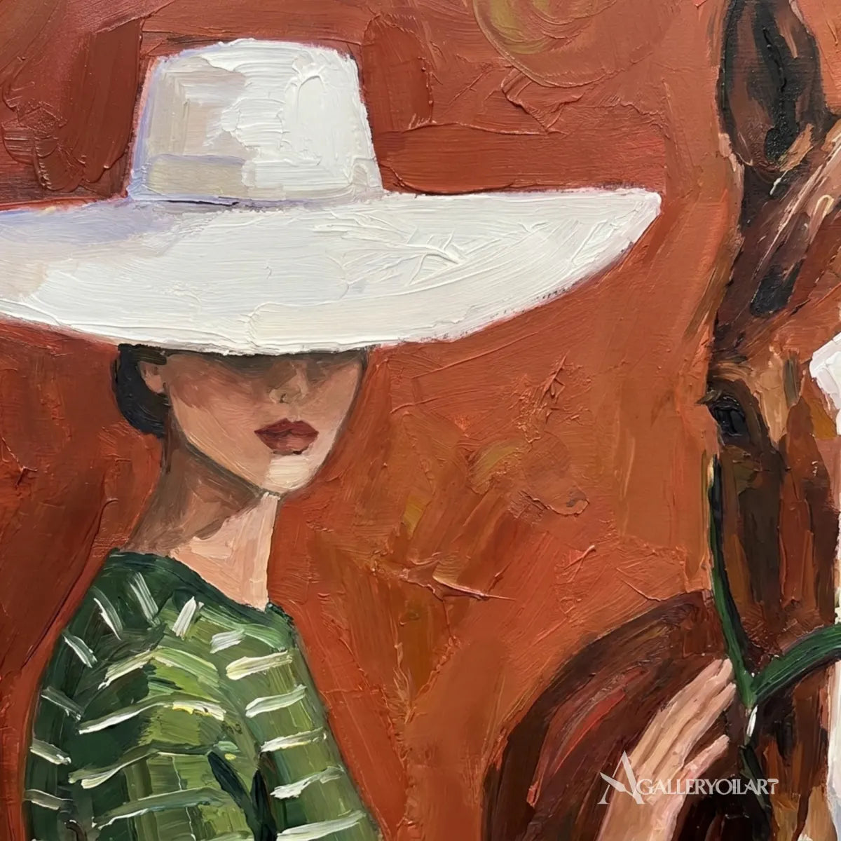 rider-in-a-pale-hat-on-a-chestnut-horse-in-green-portrait-art-displayed-in-a-painted-detail