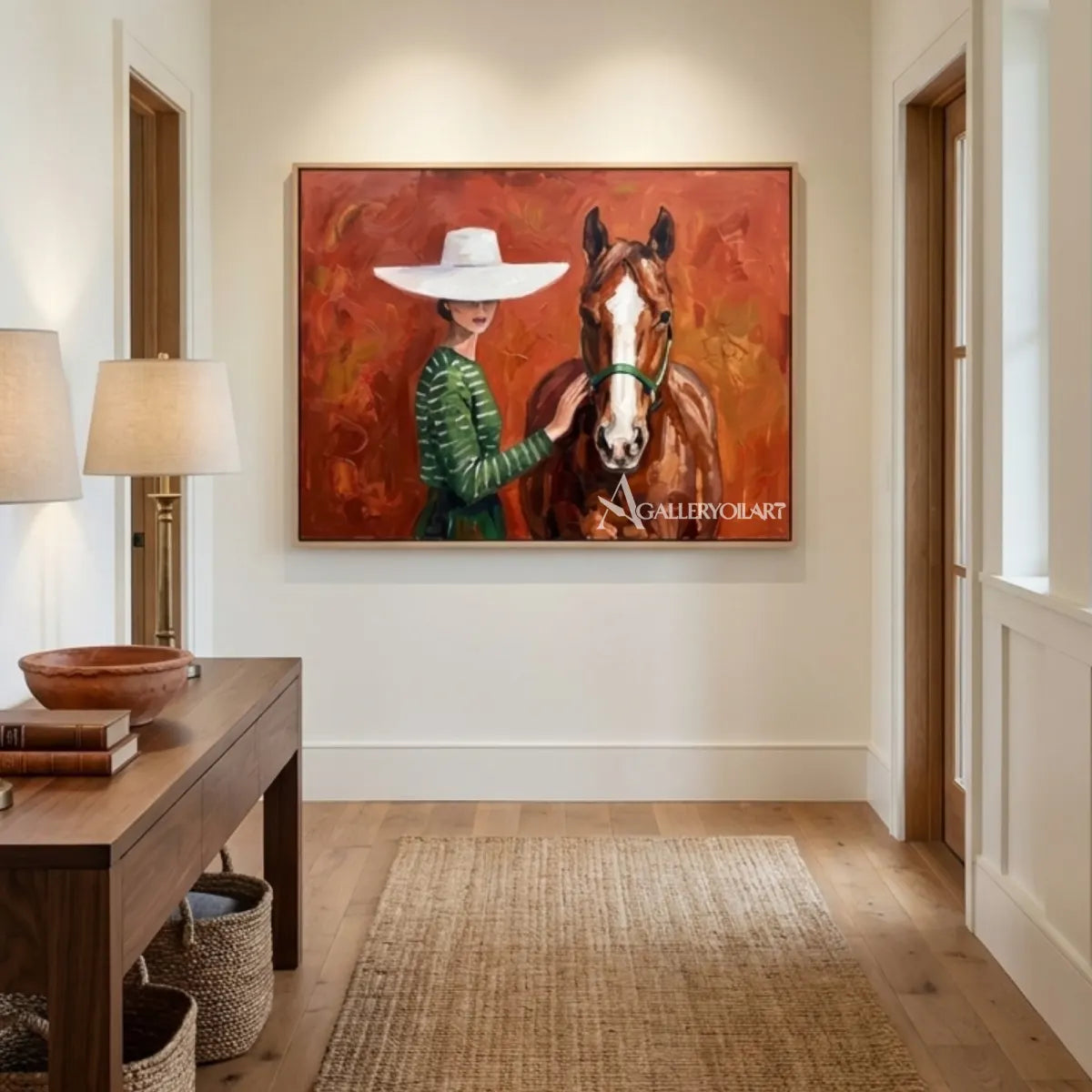 rider-in-a-pale-hat-on-a-chestnut-horse-in-green-portrait-art-displayed-in-a-transitional-room