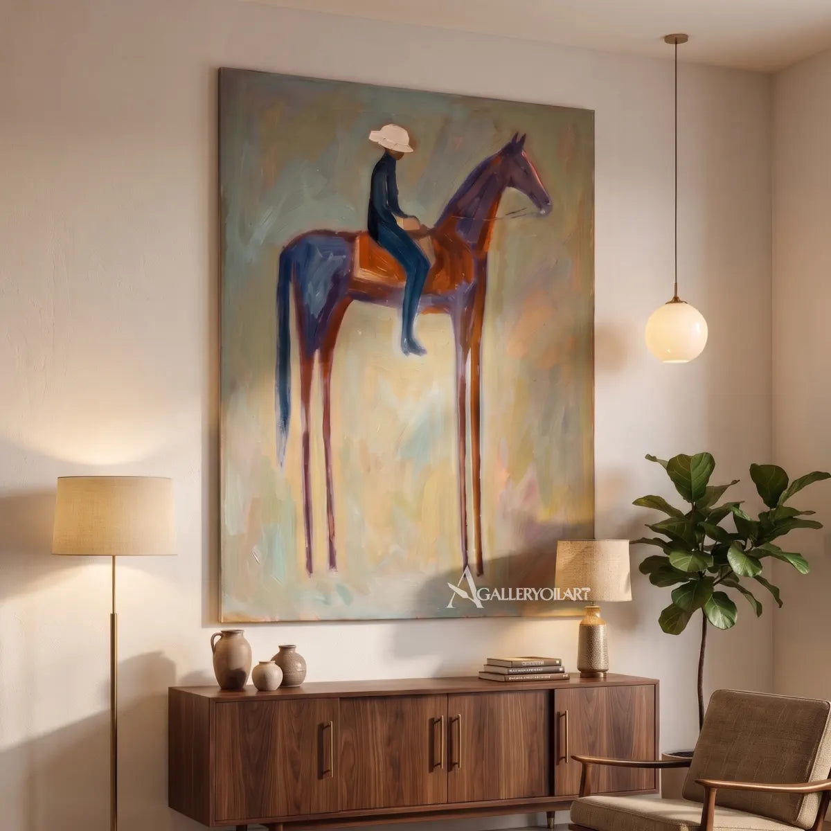 rider-on-horse-western-cowboy-beige-wall-art-in-a-modern-living-room
