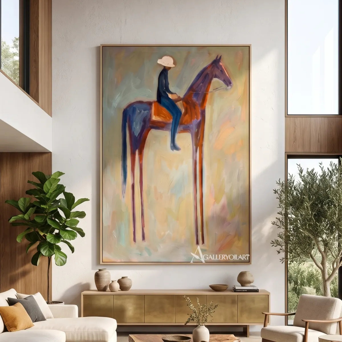 rider-on-horse-western-cowboy-beige-wall-art-in-a-bright-room-by-windows