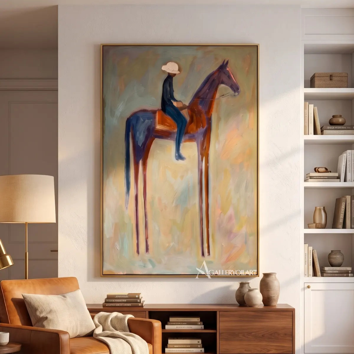rider-on-horse-western-cowboy-beige-wall-art-over-a-wood-console