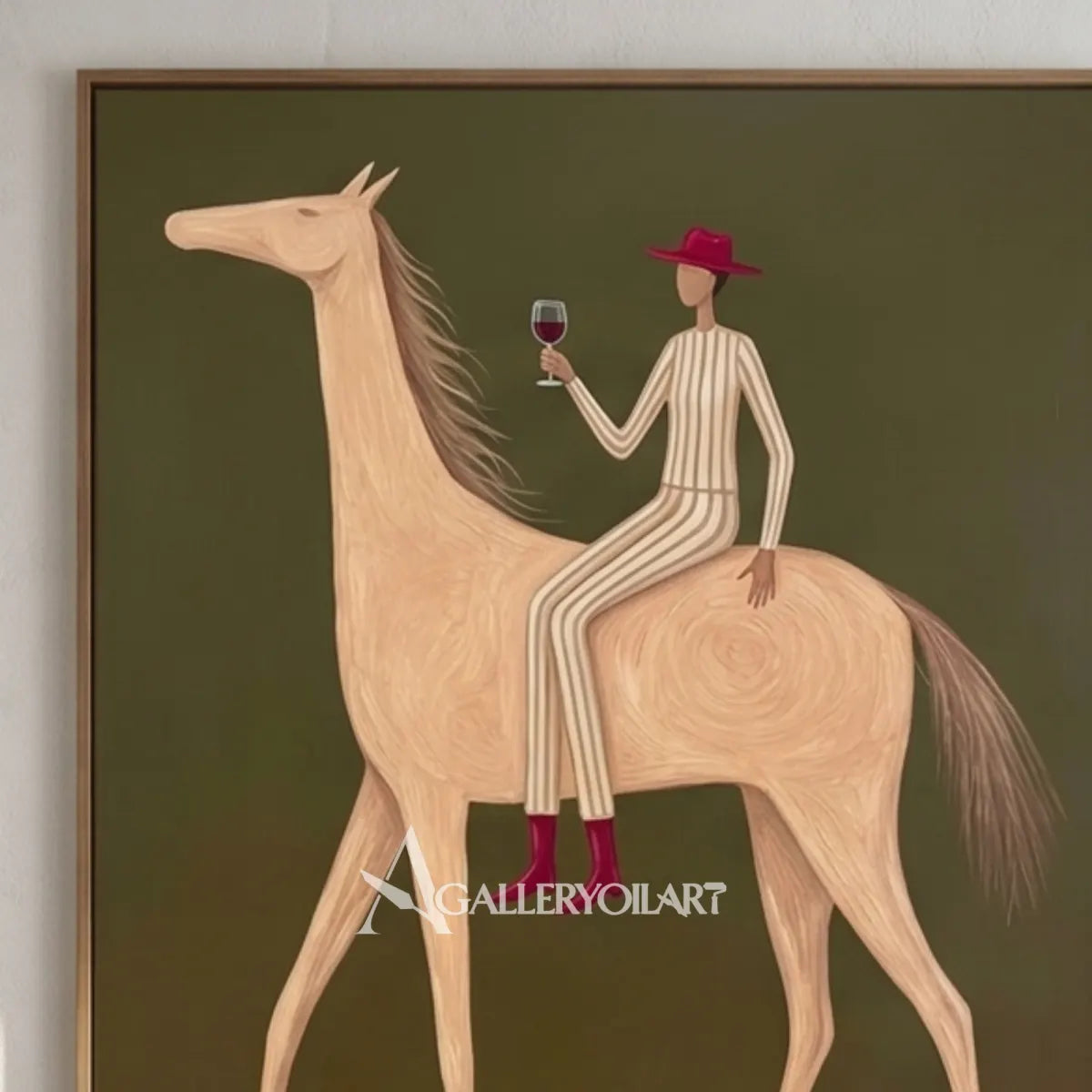 Western-cowboy-art-close-view-of-a-striped-suit-rider-raising-a-glass-on-a-pale-horse-against-olive-green