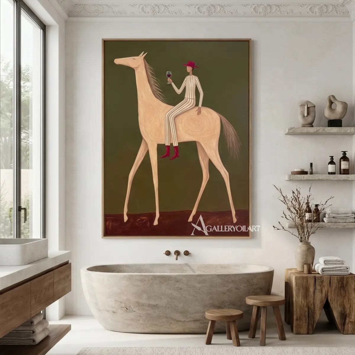 Western-cowboy-art-of-a-red-hatted-rider-on-a-pale-horse-against-an-olive-green-ground-above-a-bathtub