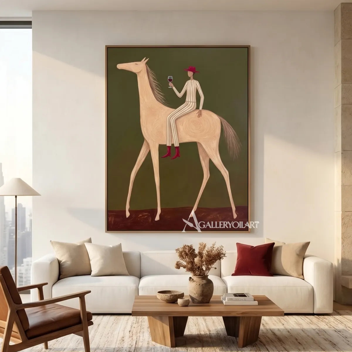 Western-cowboy-art-of-a-rider-raising-a-glass-on-a-cream-horse-against-olive-green-above-a-light-sofa-in-a-lounge