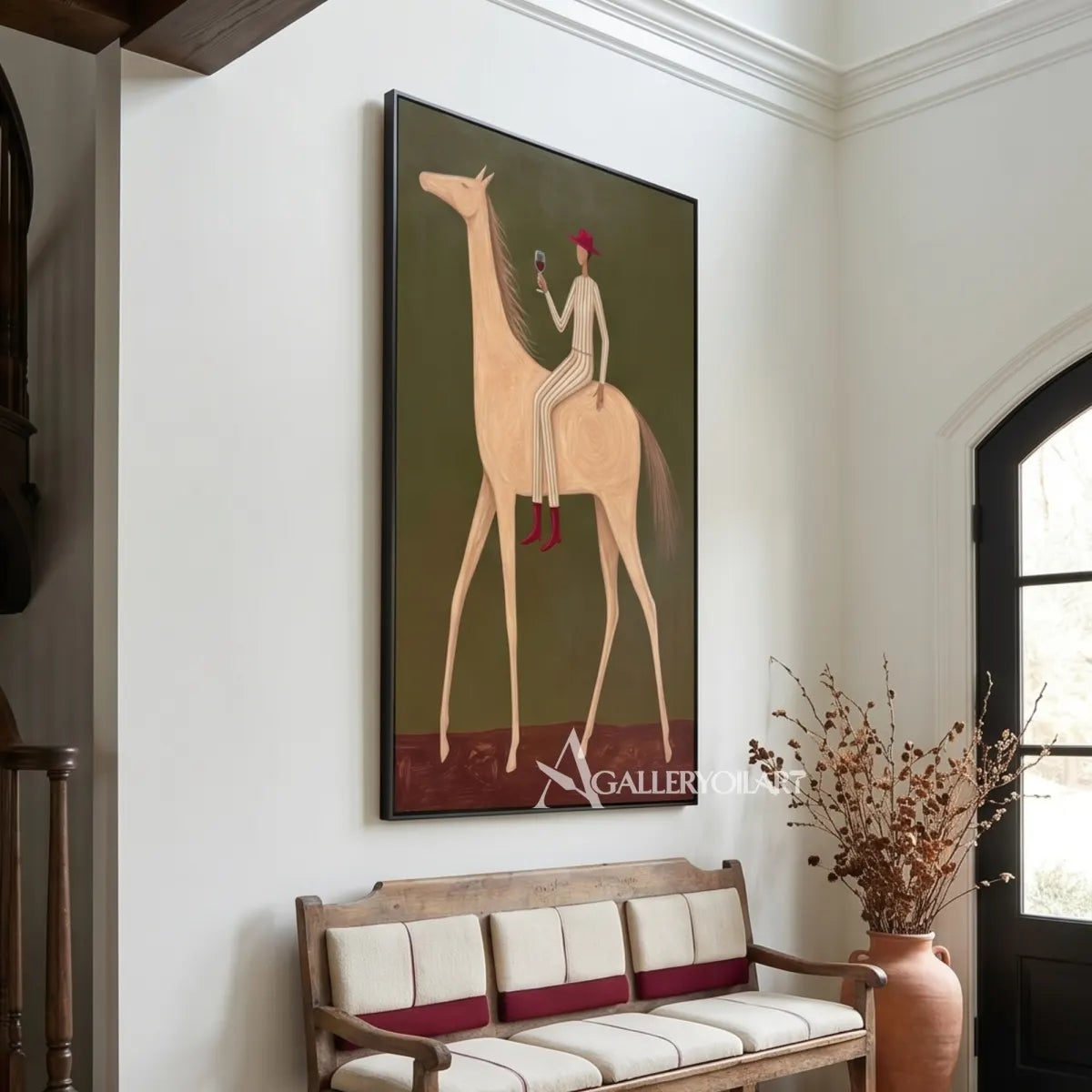 Western-cowboy-art-of-a-red-hatted-rider-toasting-from-a-pale-horse-against-an-olive-green-ground-in-a-sunlit-entryway