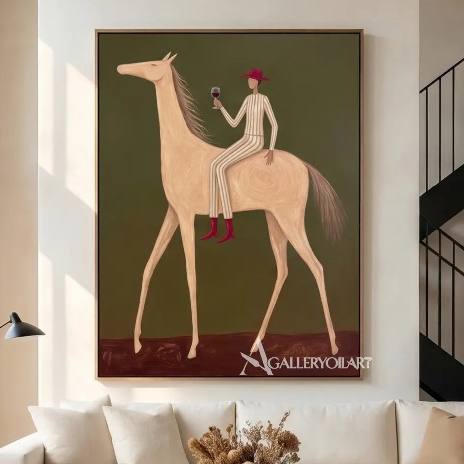 Western-cowboy-art-of-a-rider-in-a-red-hat-raising-a-glass-on-a-cream-horse-against-an-olive-green-ground-in-a-bright-living-room