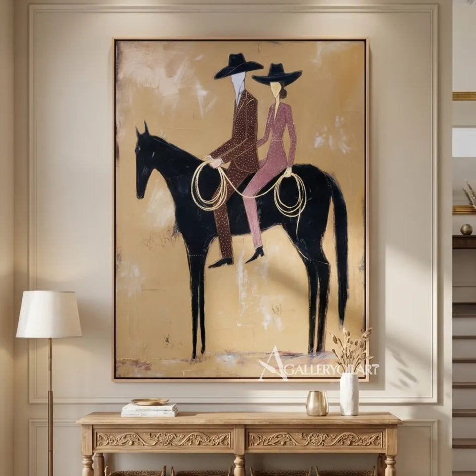 western-cowboy-art-painting-of-two-hat-wearing-riders-on-a-black-horse-against-a-beige-field-in-a-formal-entry