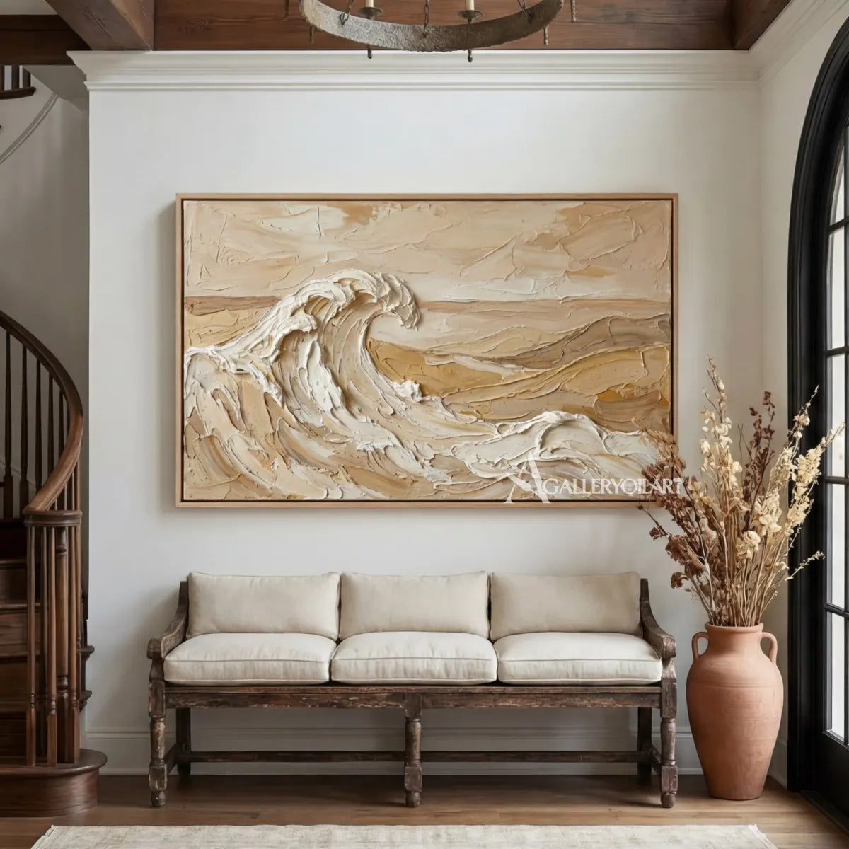 Rising-ocean-breaker-sea-beach-beige-wall-art-above-a-wood-bench