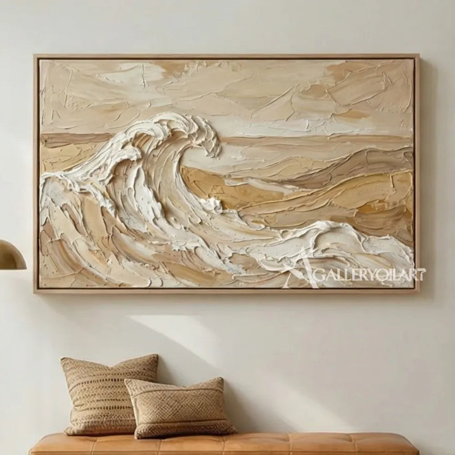 Rising-ocean-breaker-sea-beach-beige-wall-art-above-an-entryway-bench