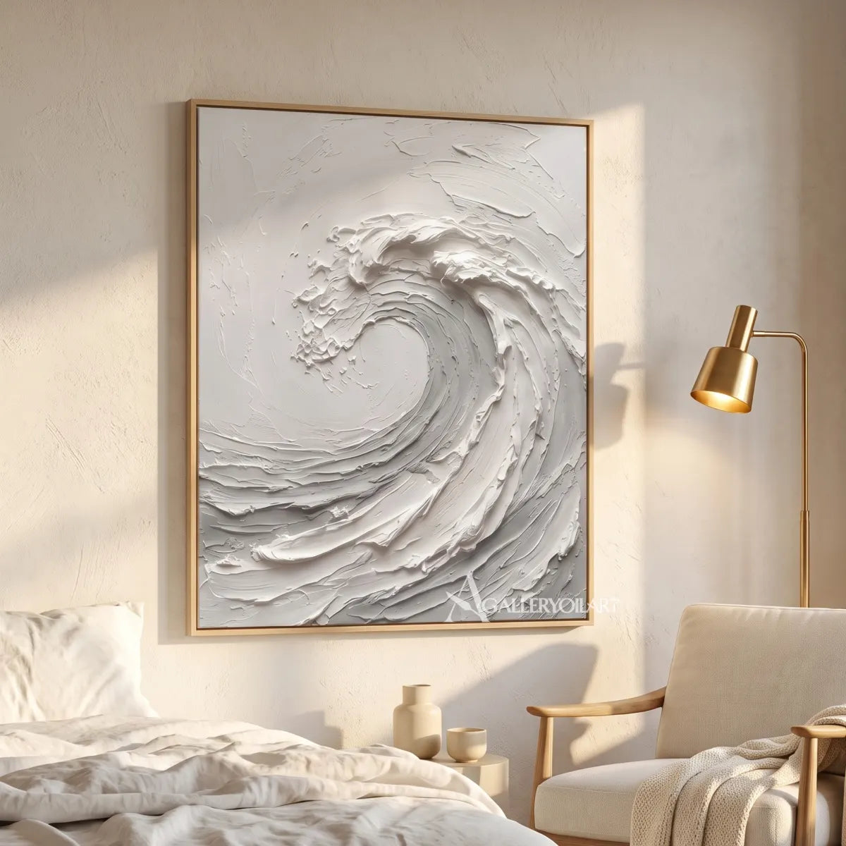 White-sea-beach-art-showing-a-rising-curling-wave-in-a-bedroom