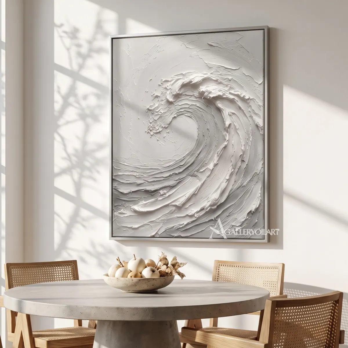 White-sea-beach-art-showing-a-rising-curling-wave-in-dining-room