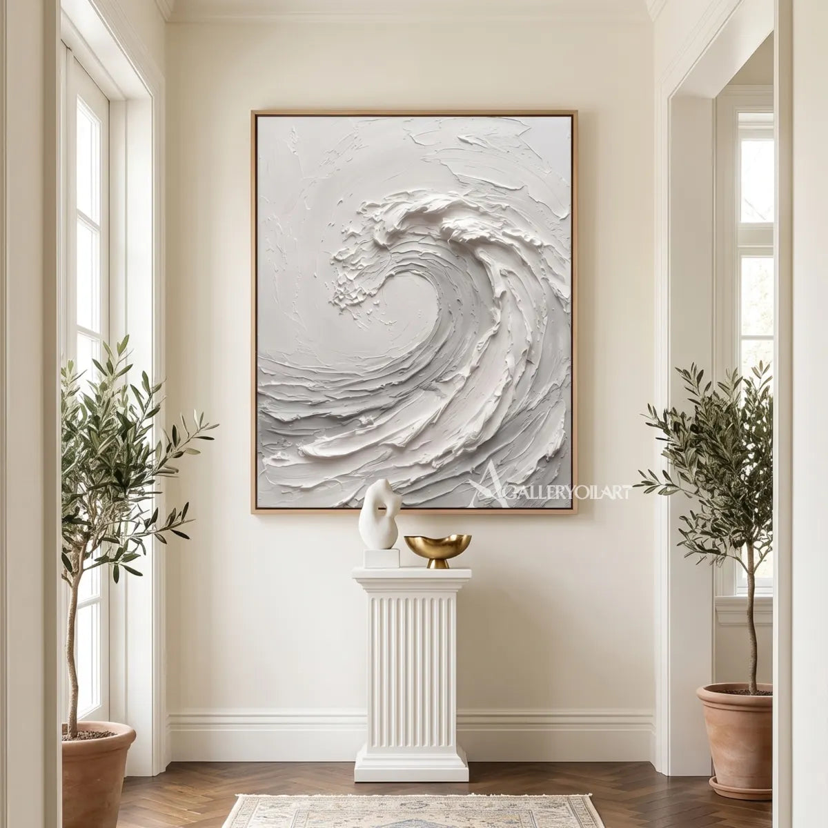 White-sea-beach-art-showing-a-rising-curling-wave-in-a-hallway