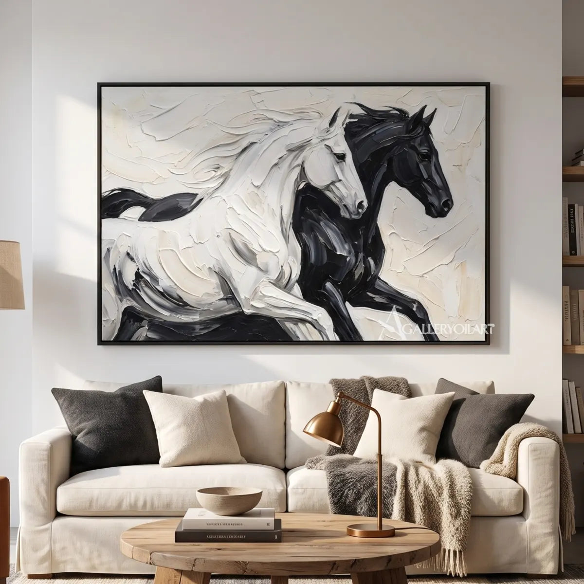 two spirited horses moving together through flowing brushwork-animal-black-gathering-space
