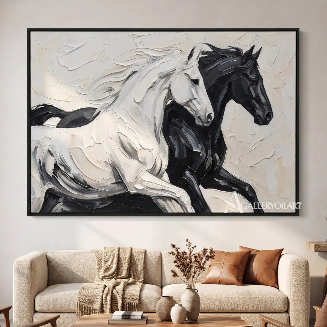 two spirited horses moving together through flowing brushwork-animal-black-modern-entryway