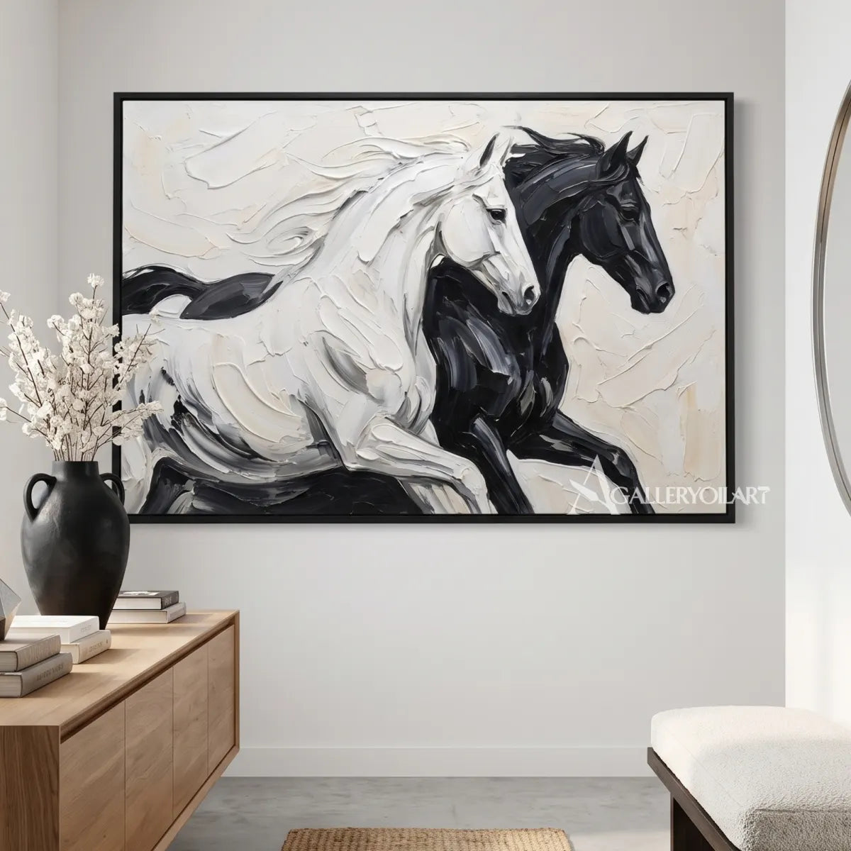 two spirited horses moving together through flowing brushwork-animal-black-styled-interior