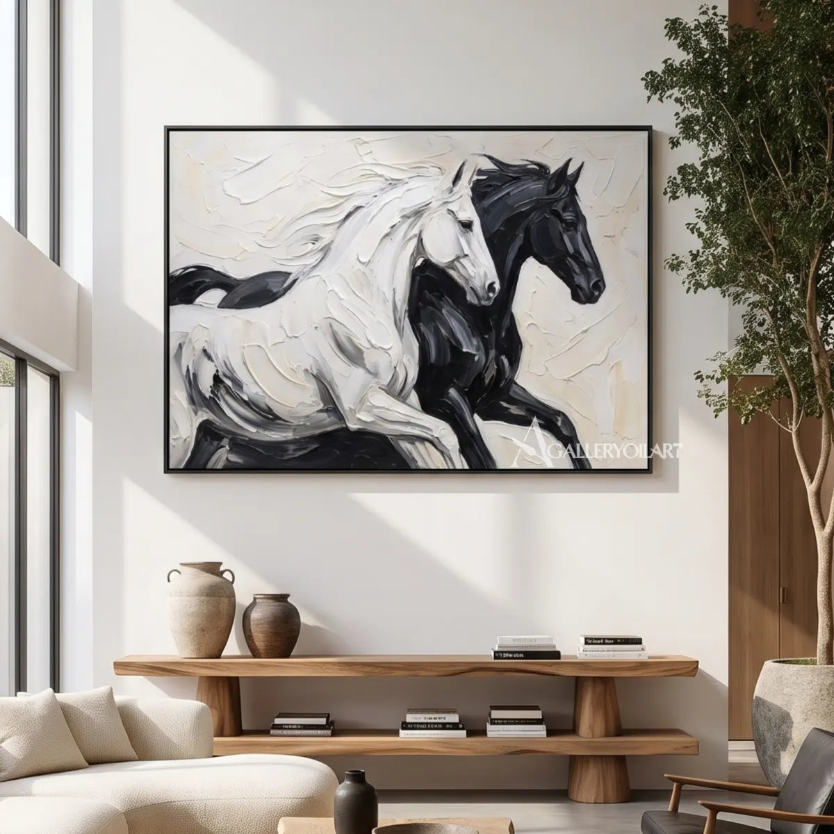 two spirited horses moving together through flowing brushwork-animal-black-transitional-lounge