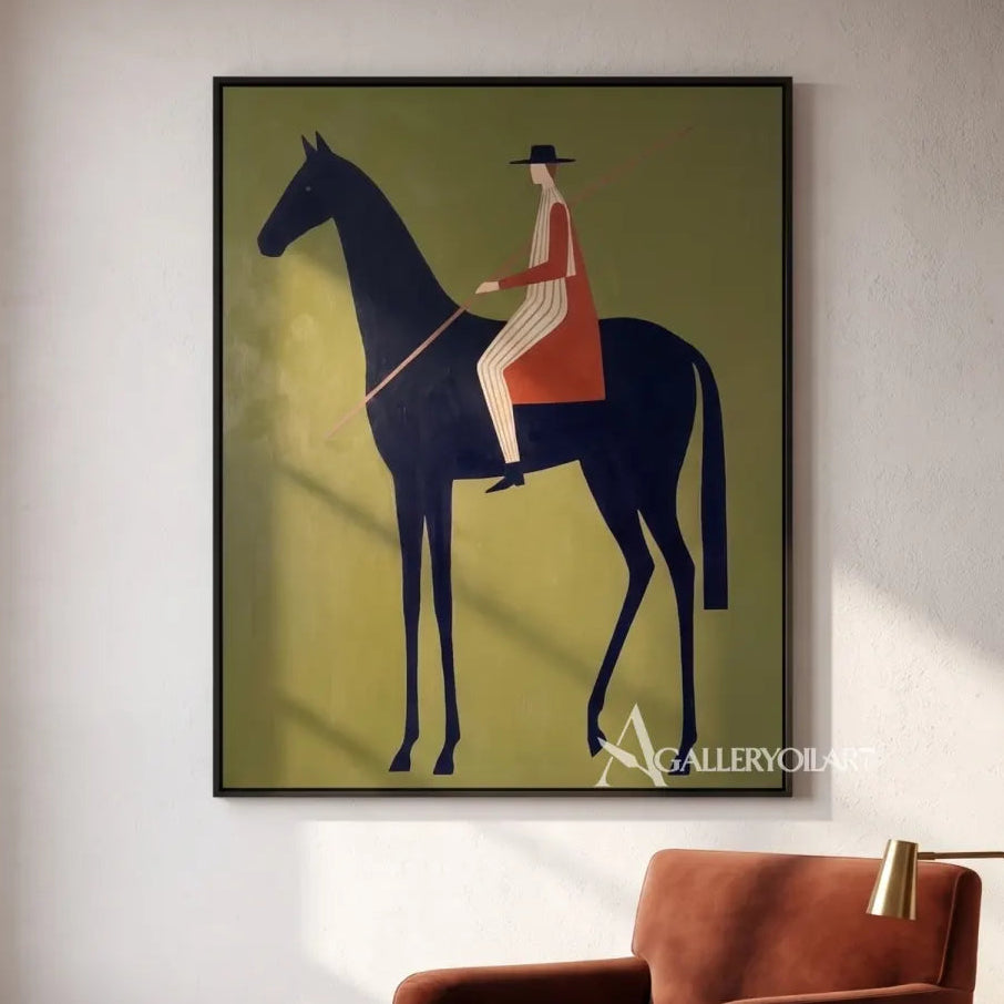 Western Cowboy rider in a red coat on a dark horse against a green ground-in-reading-lounge