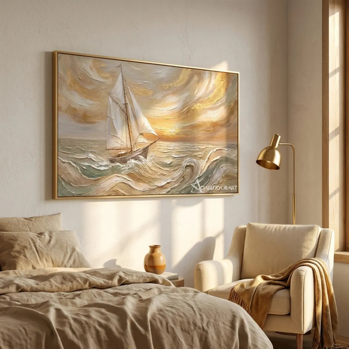 Sea-Beach-Sailing-Crest-in-blue-and-cream-wall-art-in-a-bedroom-reading-nook