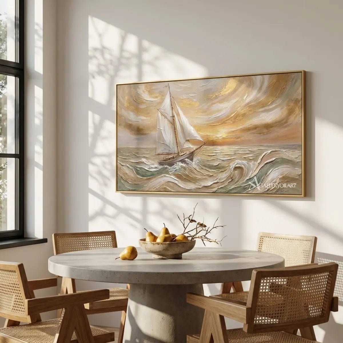 Sea-Beach-Sailing-Crest-in-blue-and-cream-wall-art-in-a-dining-room