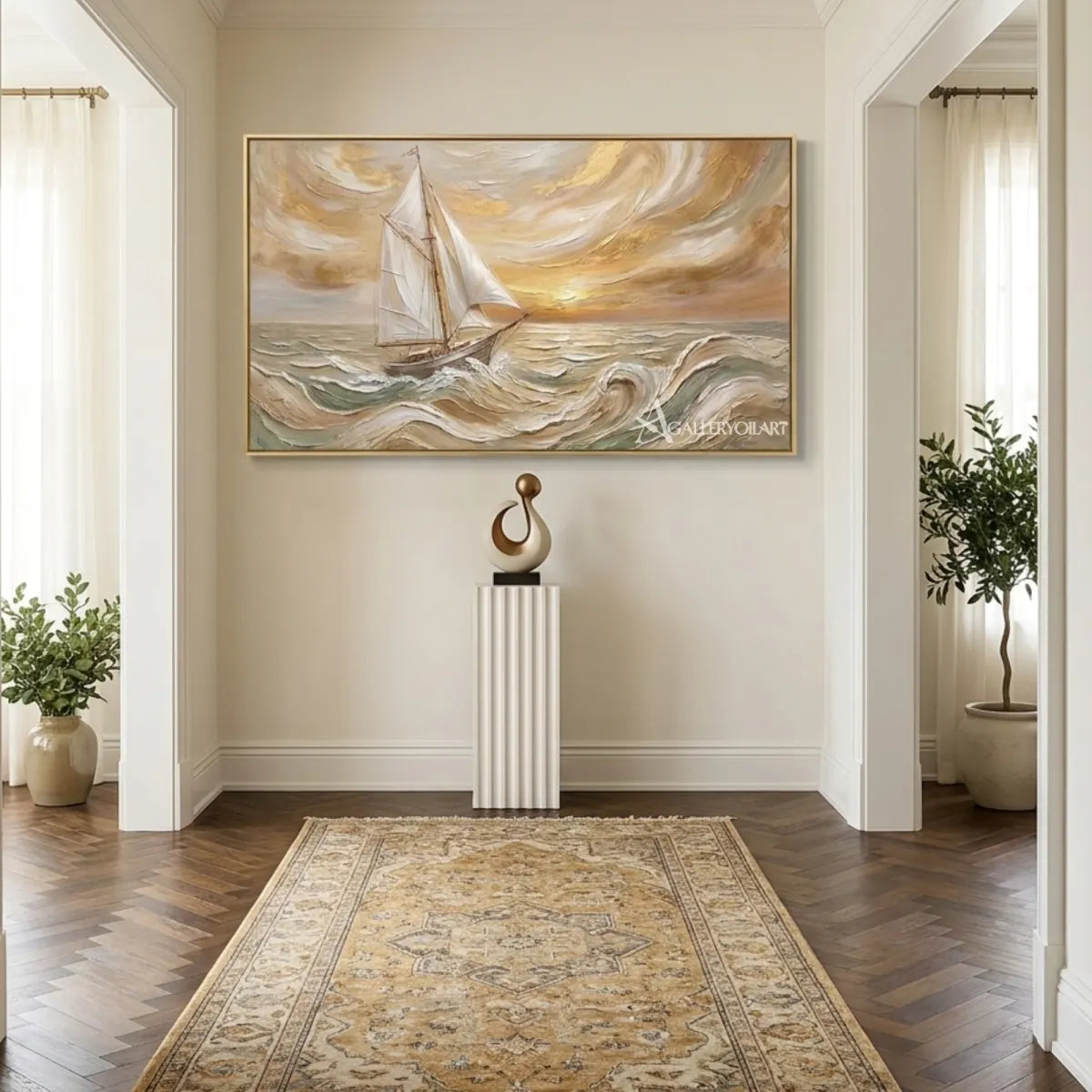 Sea-Beach-Sailing-Crest-in-blue-and-cream-wall-art-in-a-hallway
