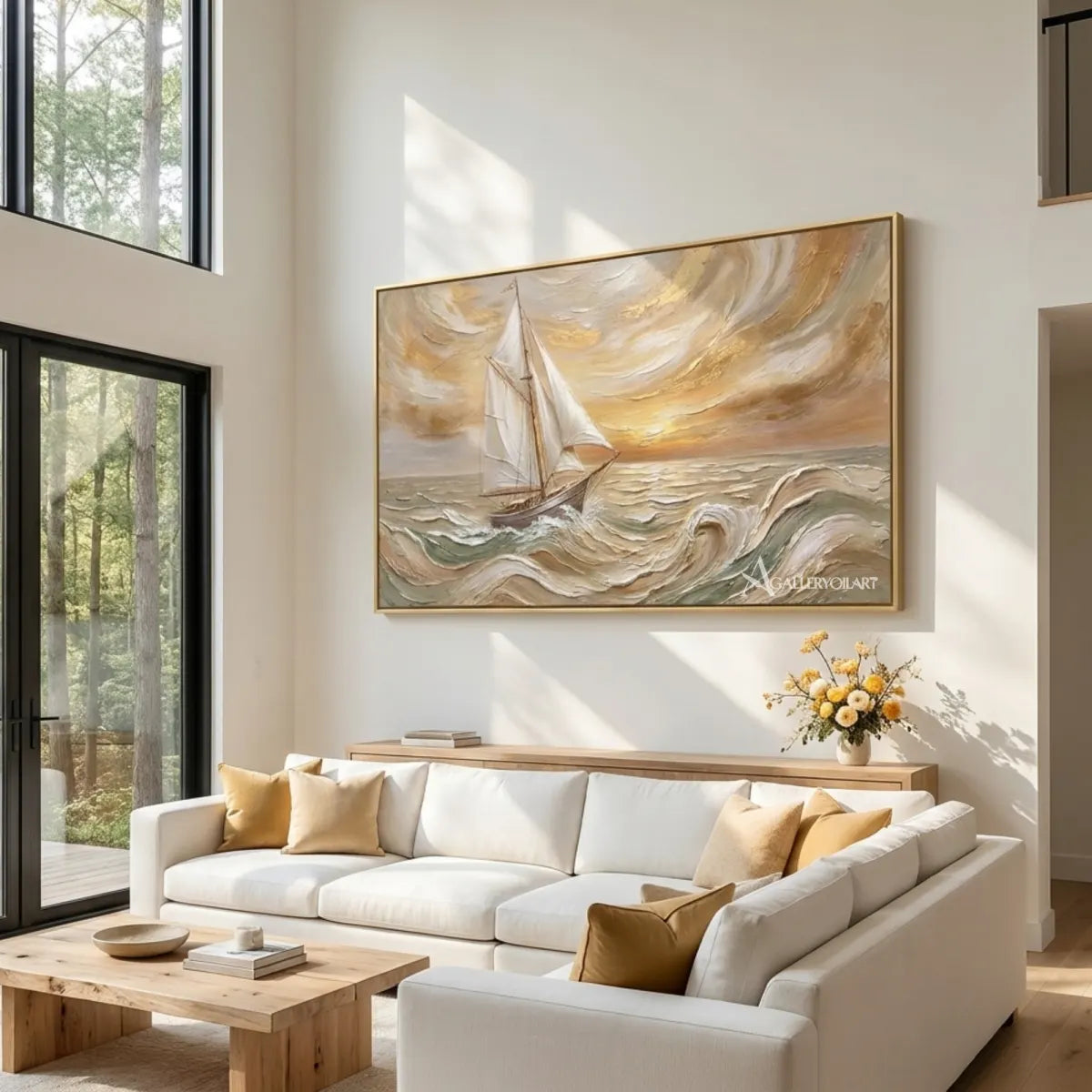 Sea-Beach-Sailing-Crest-in-blue-and-cream-wall-art-in-a-living-room