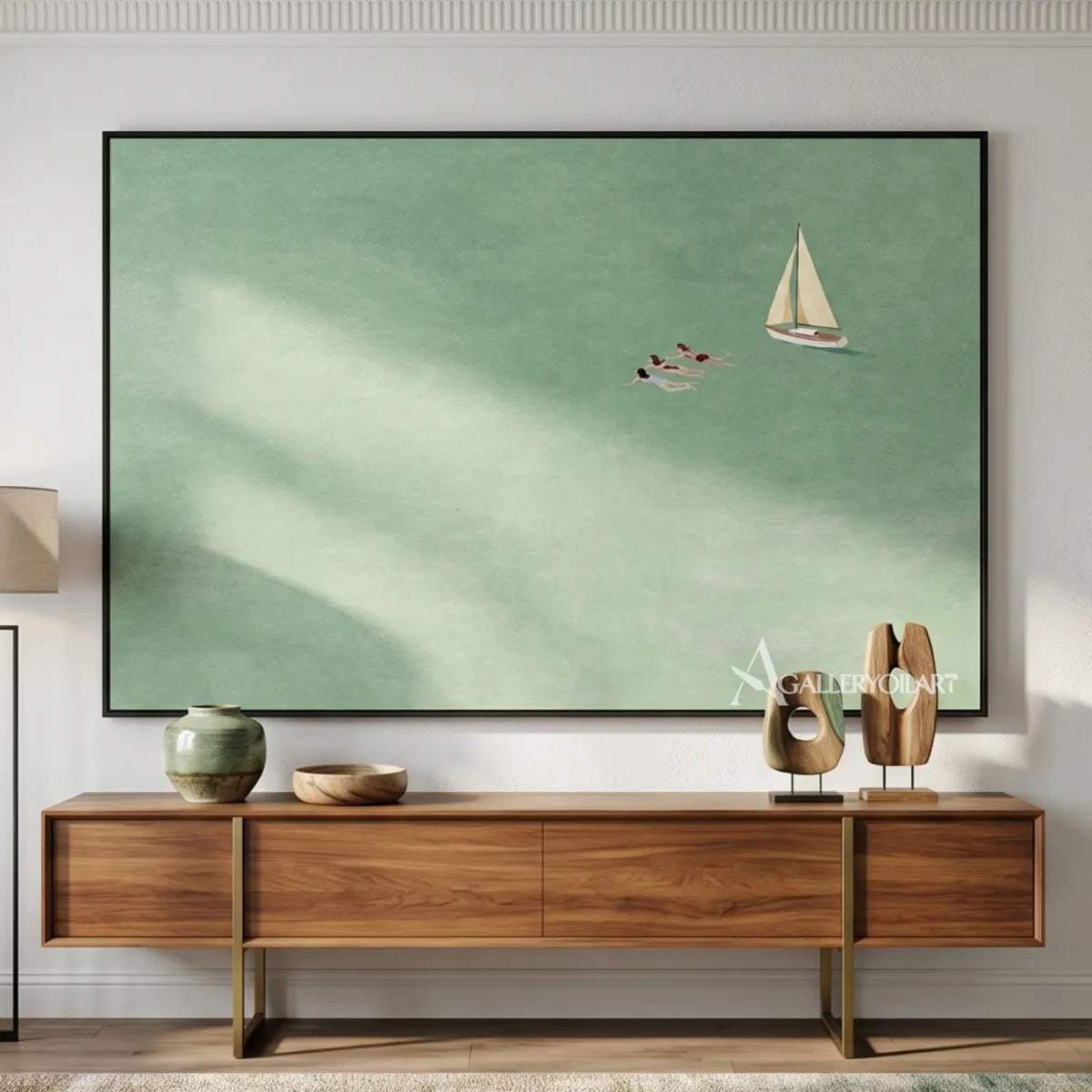 Sea-Beach-green-sailing-swimmers-wall-art-in-a-modern-living-room
