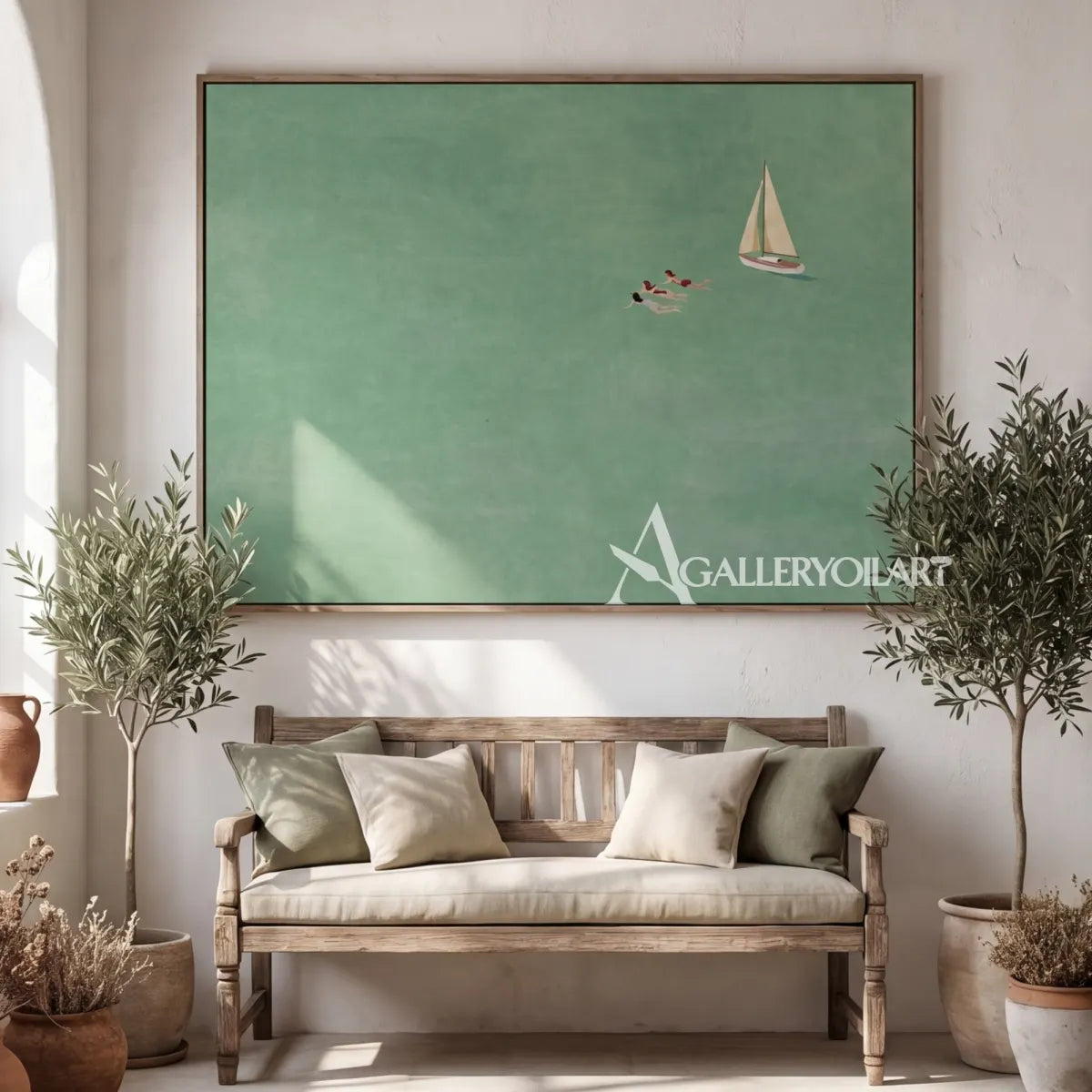 Sea-Beach-green-sailing-swimmers-wall-art-framed-view