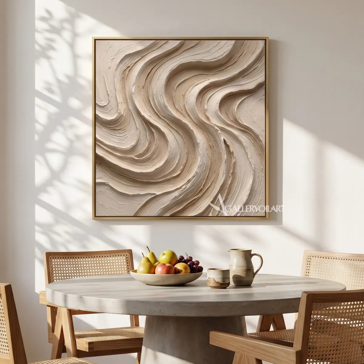 abstract flowing bands carved into a layered relief surface-textured-3d-beige-bedroom-reading-nook