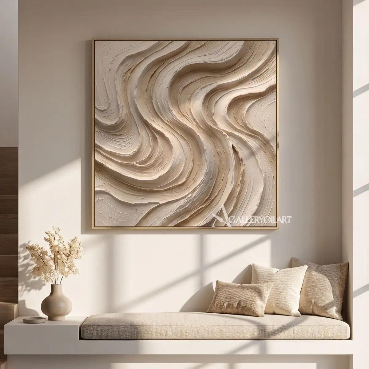 abstract flowing bands carved into a layered relief surface-textured-3d-beige-gallery-room