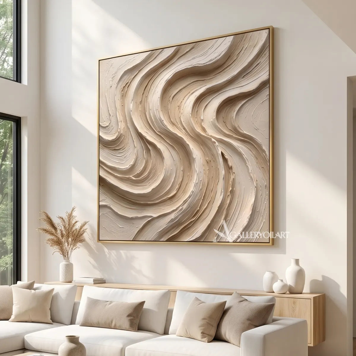 abstract flowing bands carved into a layered relief surface-textured-3d-beige-living-room