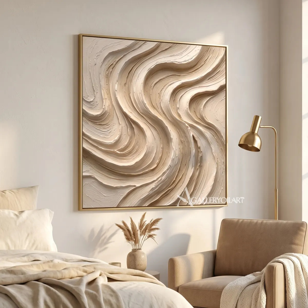 abstract flowing bands carved into a layered relief surface-textured-3d-beige-painting-detail