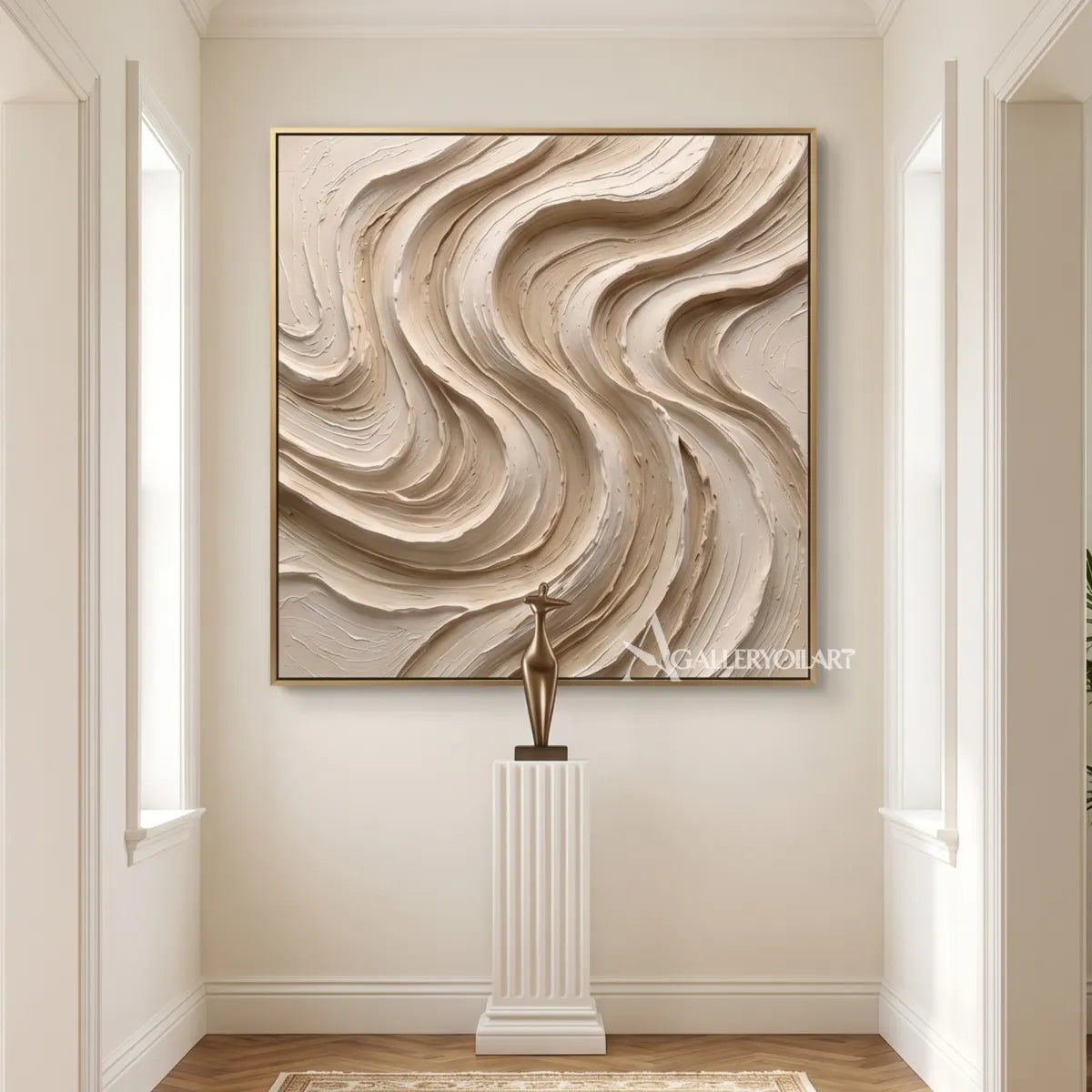 abstract flowing bands carved into a layered relief surface-textured-3d-beige-transitional-hallway