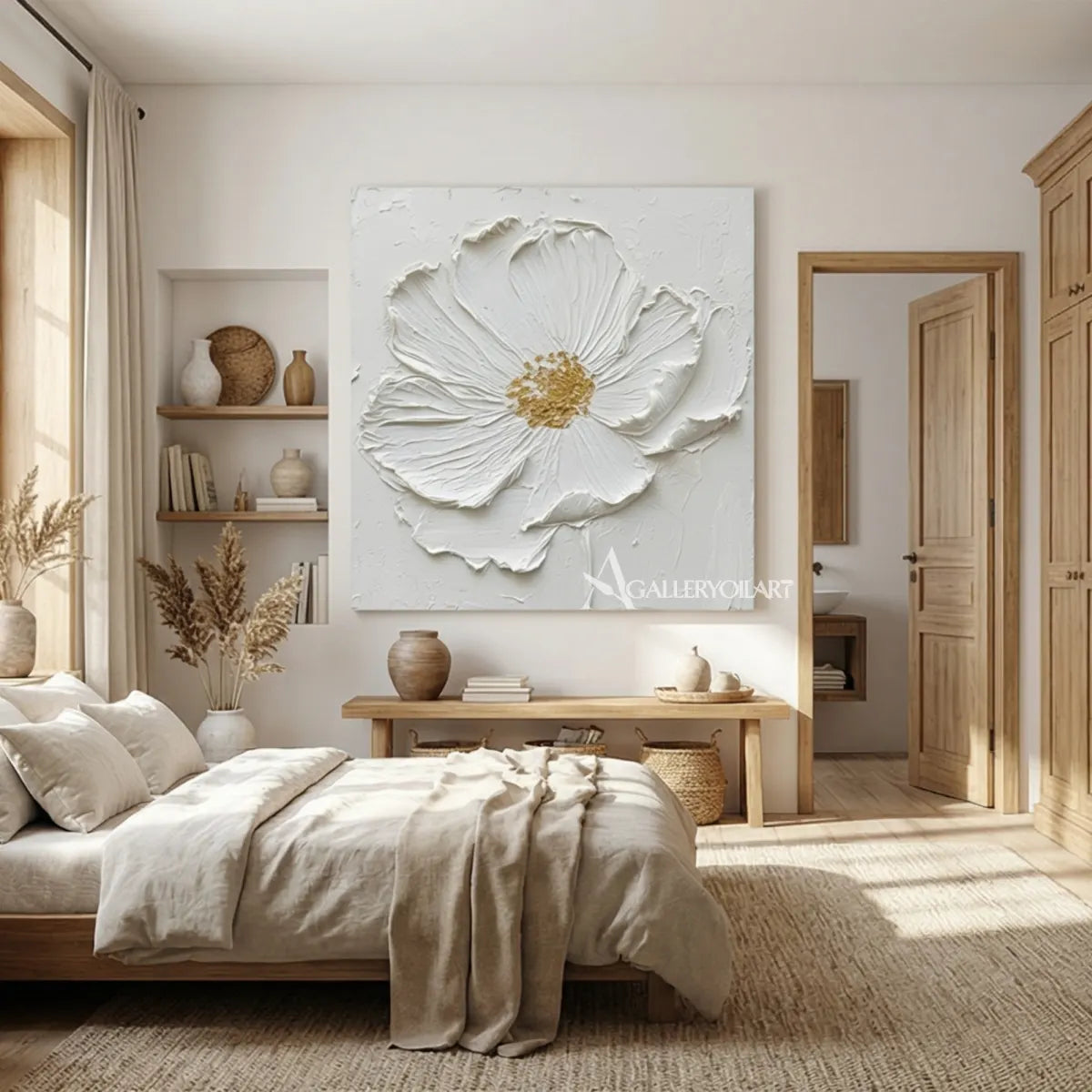 Sculpted-white-flower-floral-tree-relief-wall-art-in-a-bedroom