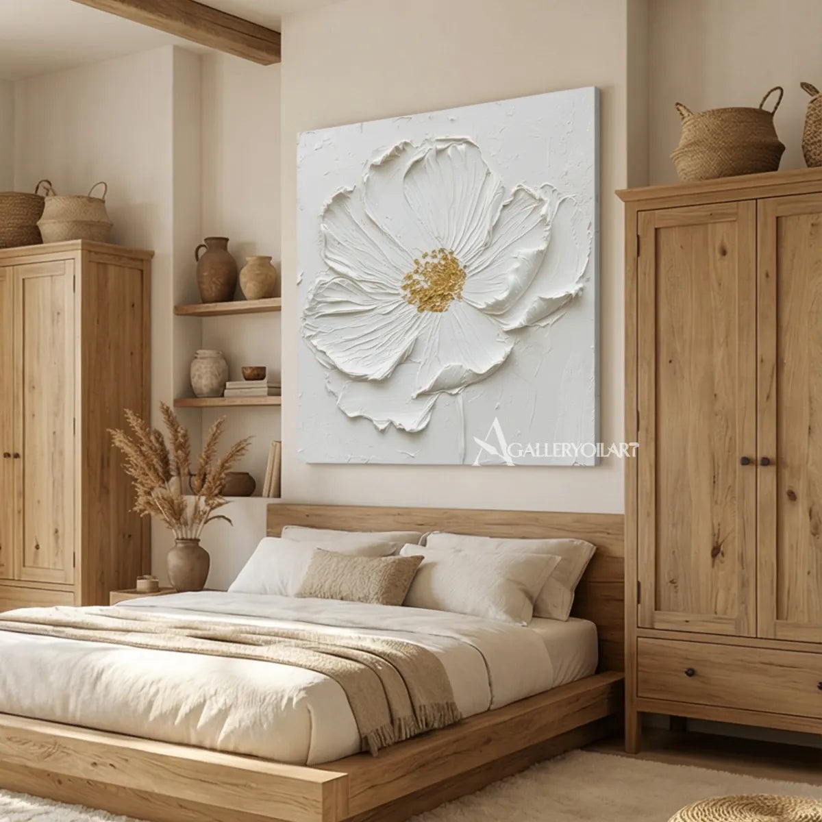 Sculpted-white-flower-floral-tree-relief-wall-art-in-a-calm-bedroom